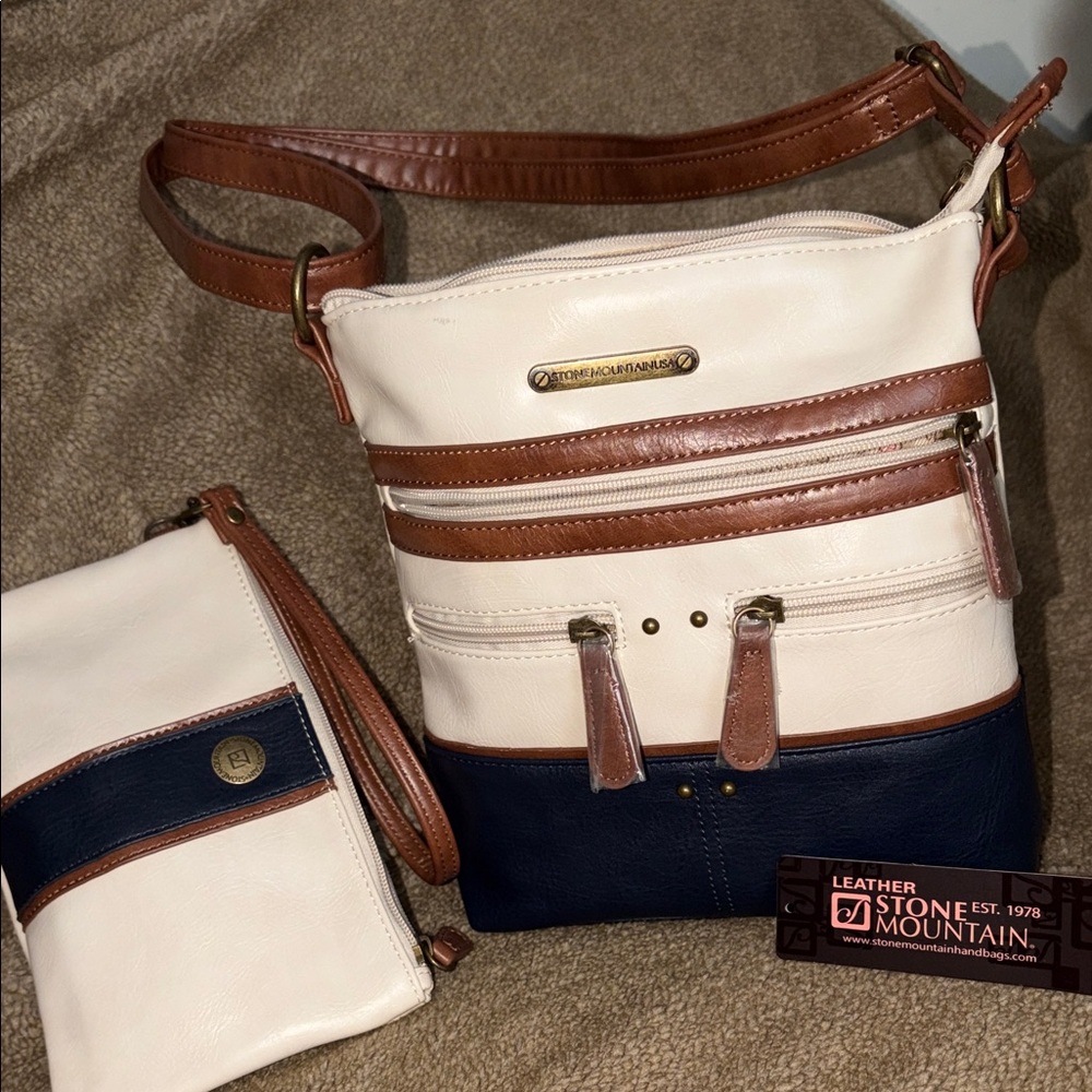 Cream and Navy Leather Bag and Wristlet